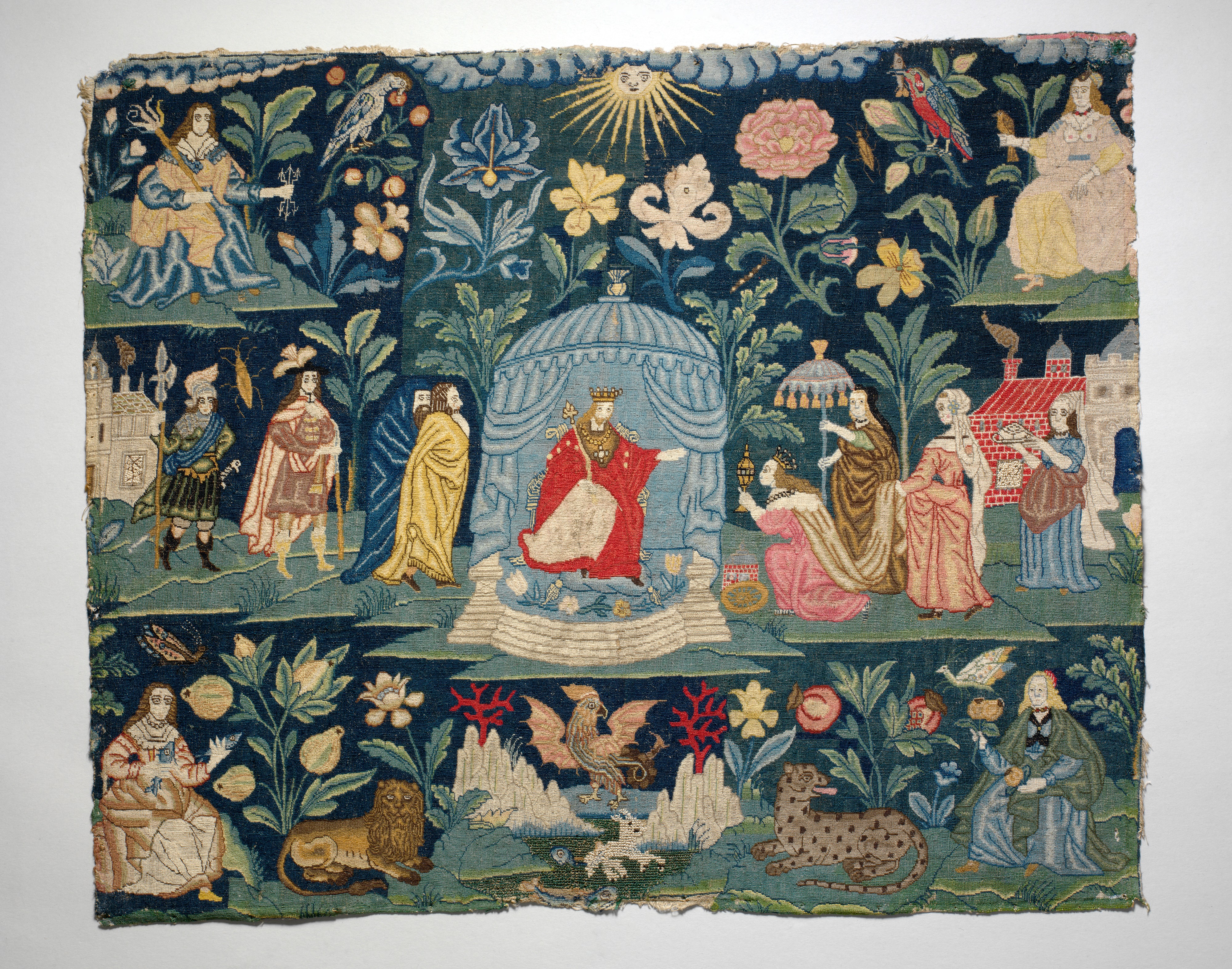 Solomon's meeting with the Queen of Sheba in British embroidery, ca. 1700: later artistic reception, not a historical portrait. Met 64.101.1307; public domain