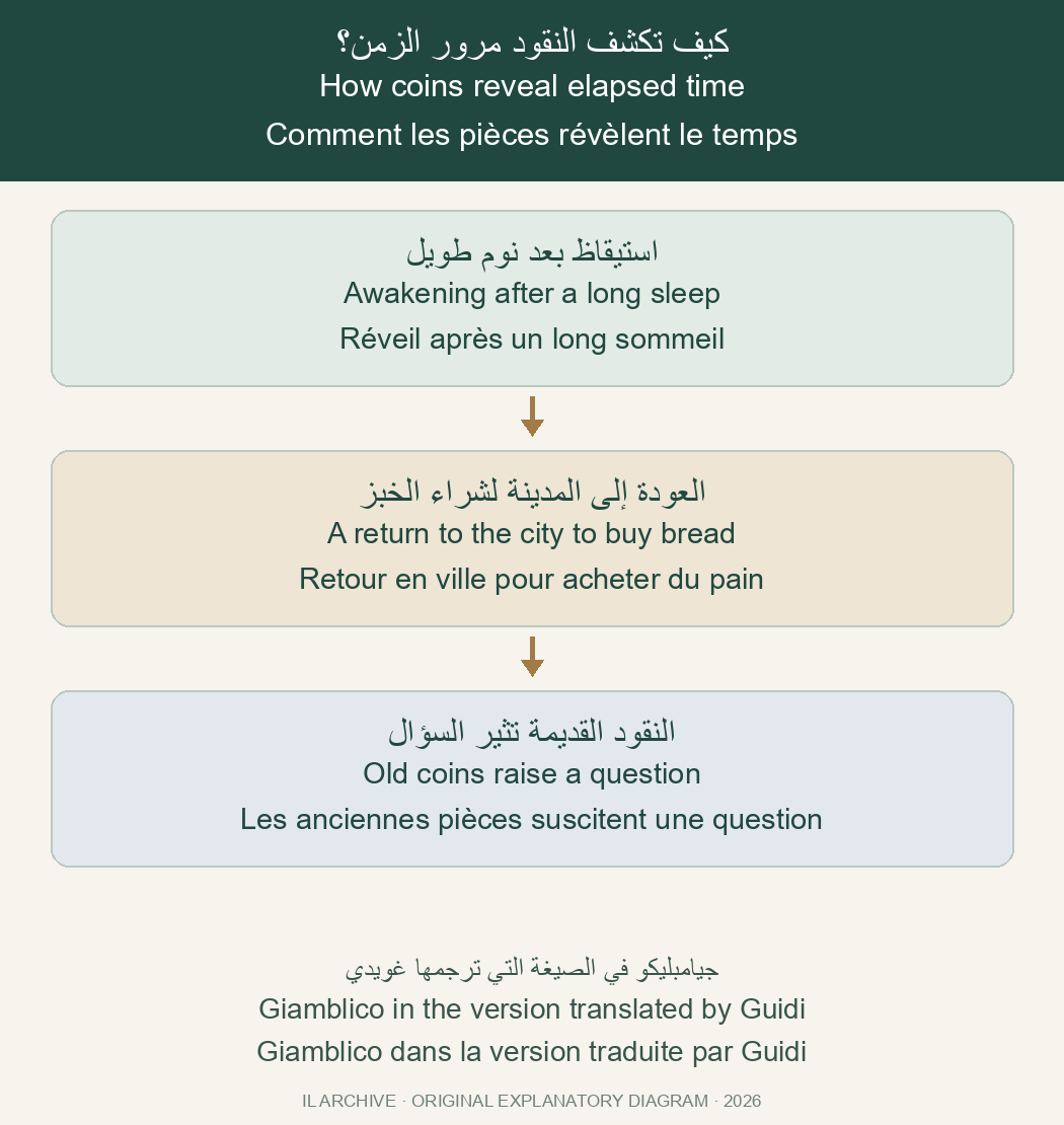 Modern diagram of Giamblico's role in the Christian version translated by Guidi: awakening, buying bread, and the time gap revealed through coins. It explains the narrative role rather than depicting a historical likeness