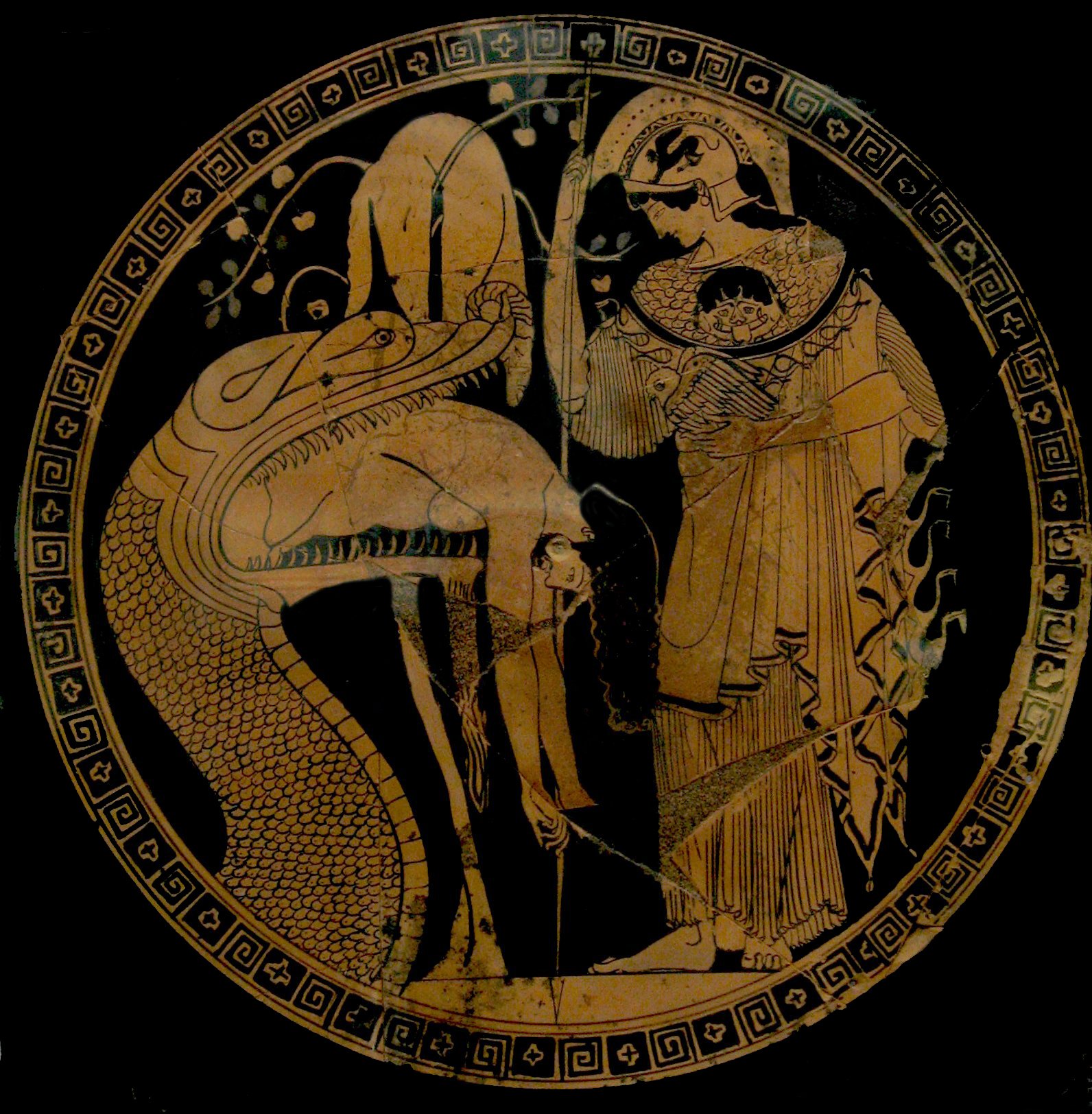 Jason emerging from the serpent, Athena at right, and the hanging Golden Fleece; Attic cup attributed to Douris, about 480–470 BCE, Vatican Museums 16545. Photograph of the cup, neither Jonah nor a portrait of its painter