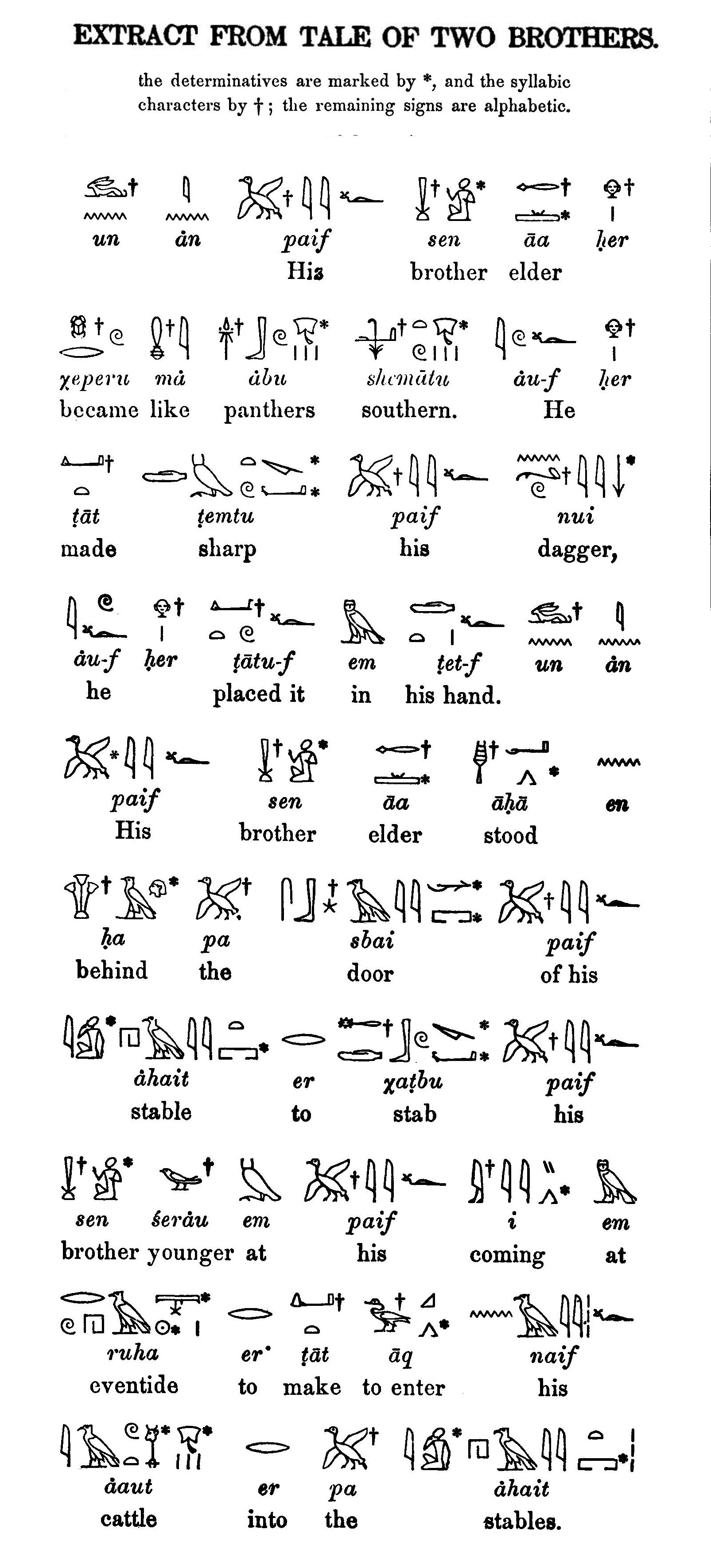 Printed Two Brothers excerpt in Wallis Budge’s Egyptian Language, 1889, pp. 38–39: educational hieroglyphic transcription with English glosses of the armed elder brother. Not a photograph of the hieratic papyrus or Inena’s signature