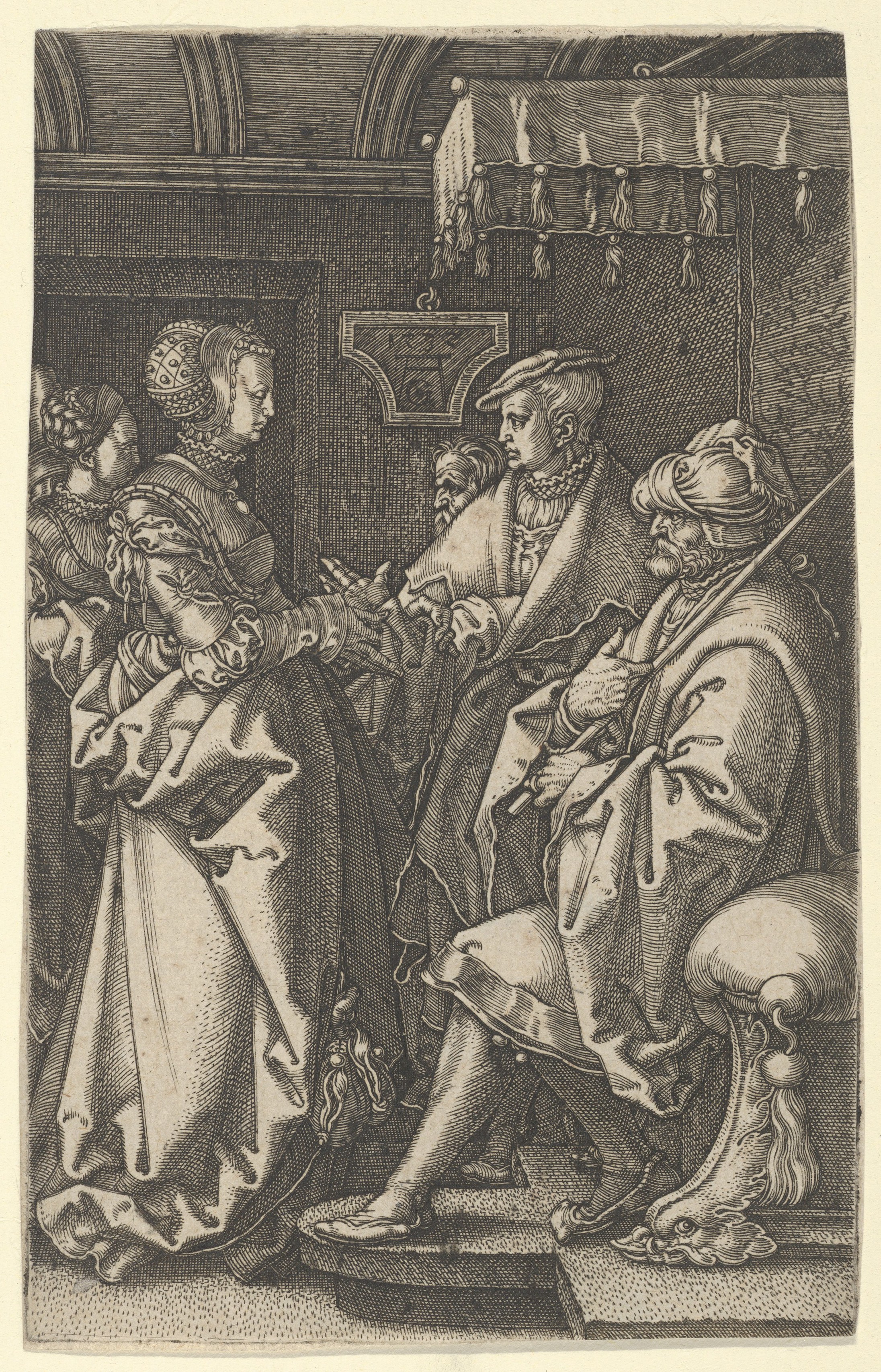 L’épouse de Potiphar accuse Joseph, gravure de Heinrich Aldegrever, 1532 ; Met 49.132.83. Femme à gauche, Potiphar assis à droite, Joseph derrière lui : réception de Genèse 39,17, non portraits historiques