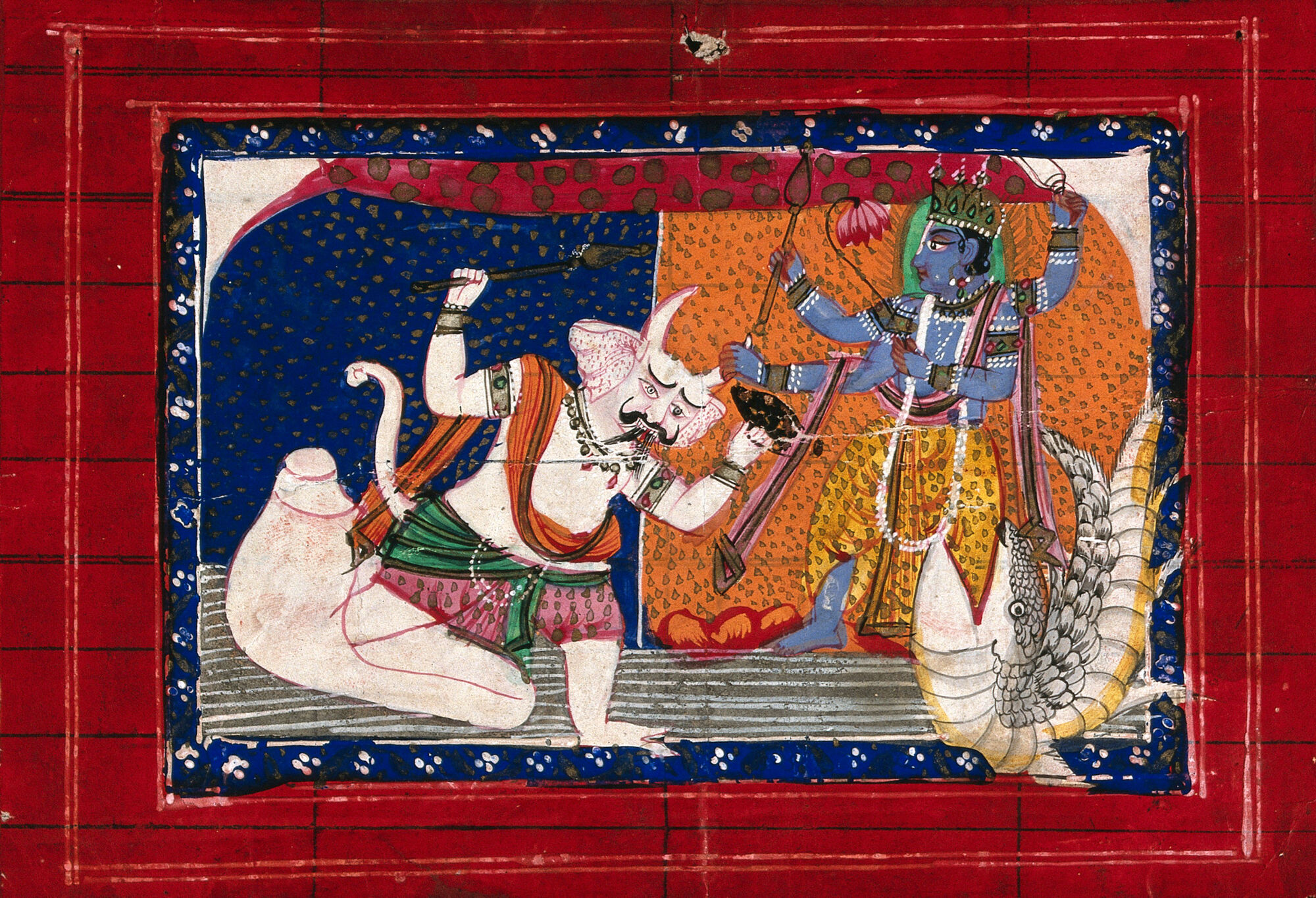 Viṣṇu en Matsya combat un démon sortant d’une conque ; gouache, Wellcome Collection 27738i, non datée au catalogue. Réception artistique vishnouite, non scène du bateau de Manu ni poisson védique ancien