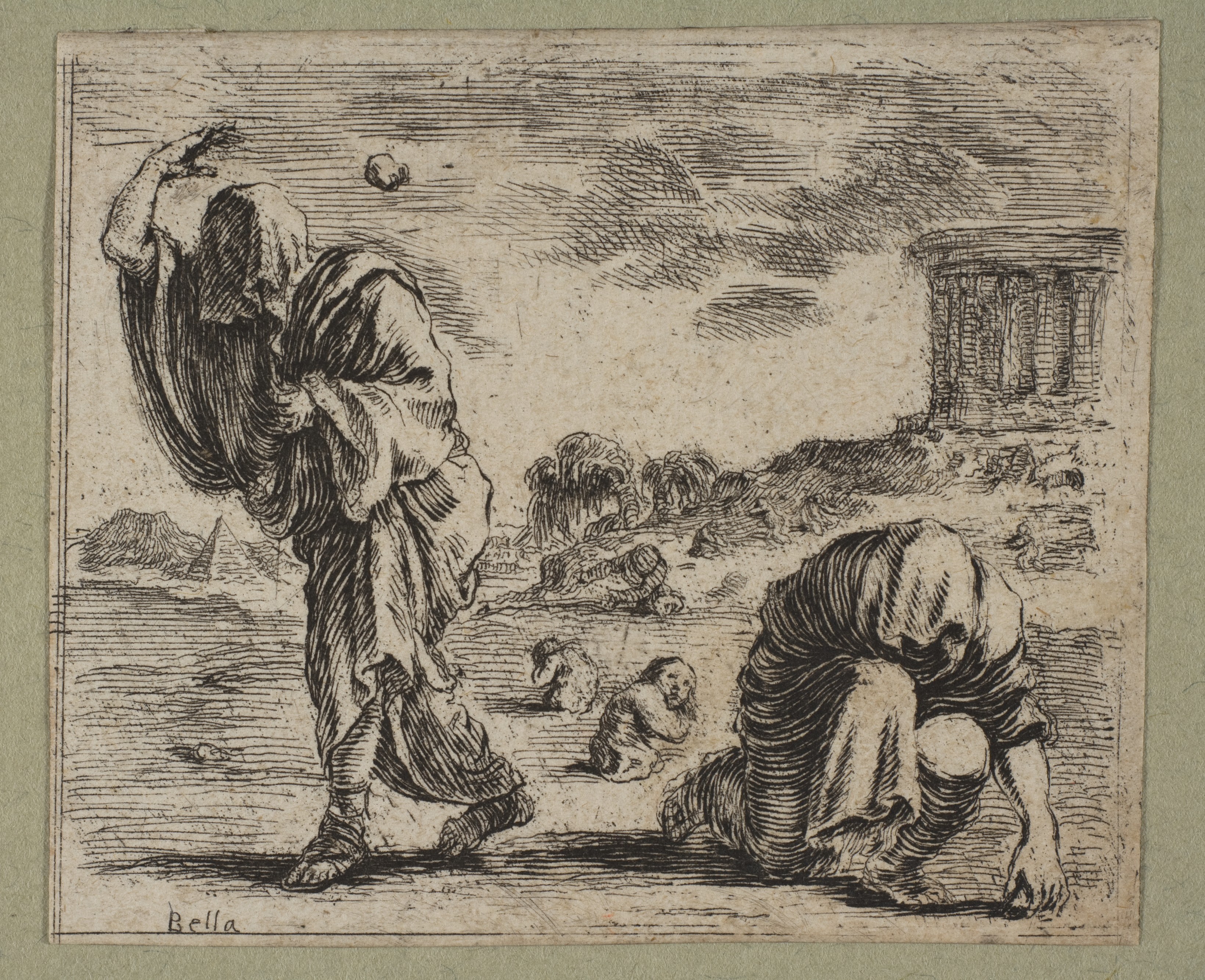 Deucalion and Pyrrha throwing stones; etching by Stefano della Bella, designed by Jean Desmarets de Saint-Sorlin, 1644, Met 18.48.2-48. Later artistic reception, not a witness from Pindar’s time