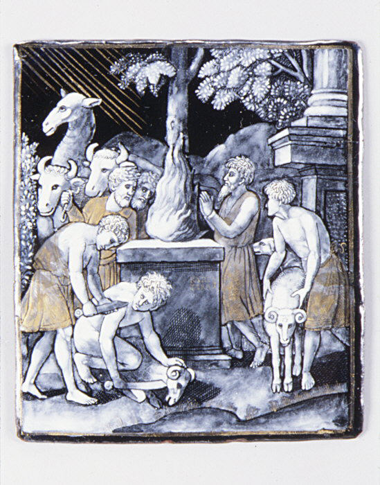 The Sacrifice of Noah, painted enamel on copper, Limoges, Master K.I.P., mid-sixteenth century, Met 32.100.269a, b. Later artistic reception of Genesis 8:20, not archaeological evidence of the flood