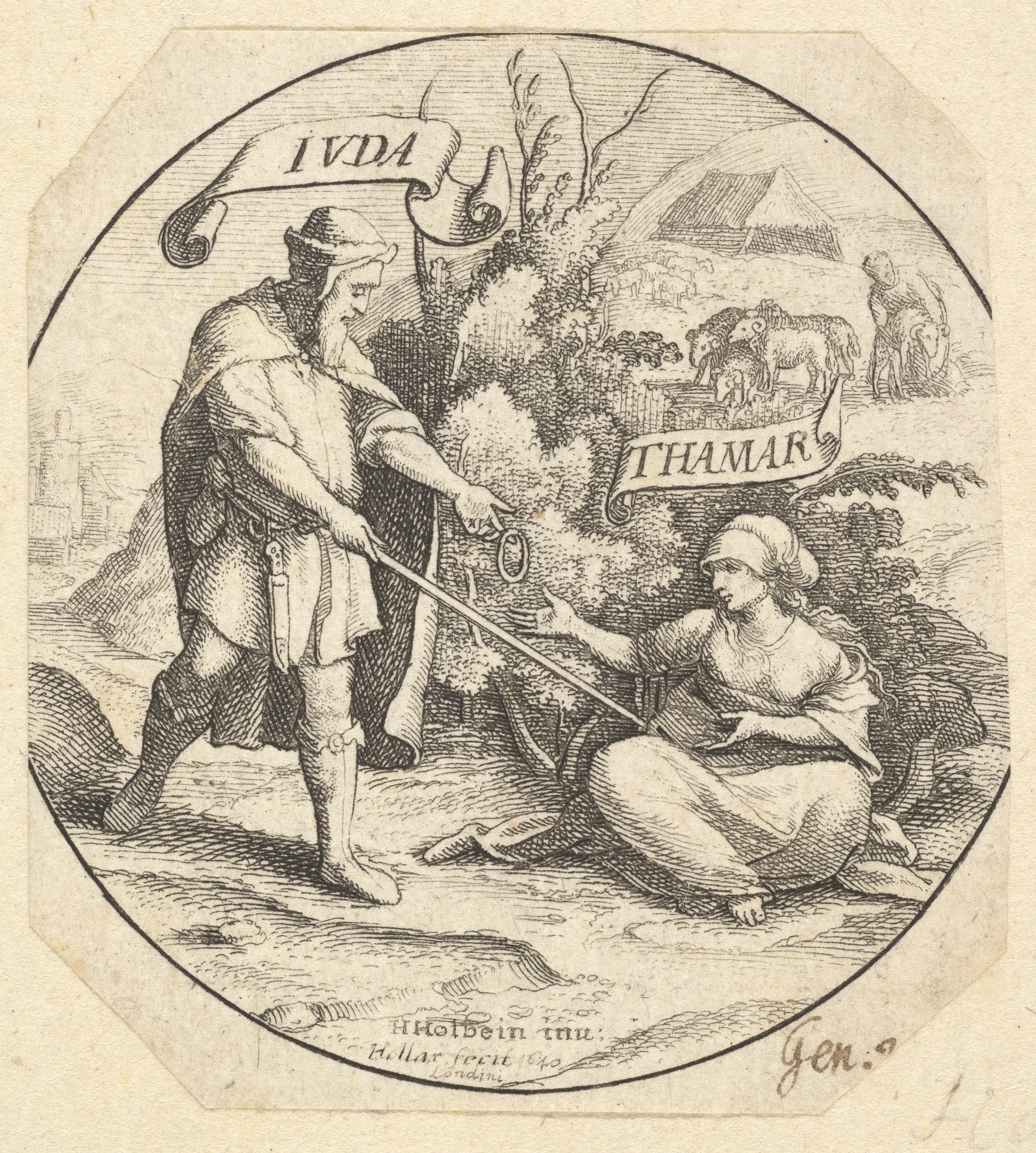 Judah and Tamar, etching by Wenceslaus Hollar, 1640, after Hans Holbein the Younger; Met 51.501.2142. Later reception of Genesis 38, not historical portraits or a marriage document