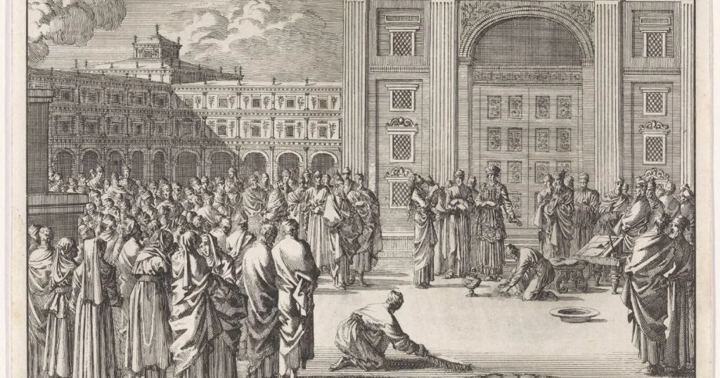 Cropped public preview of Cérémonie des eaux de Jalousie, etching by Jan Luyken, Amsterdam 1705, published by Pieter Mortier; Rijksmuseum RP-P-1896-A-19368-2360. Later artistic reception of the suspected wife’s ritual, not documentation of ancient practice or the Tabernacle’s architecture
