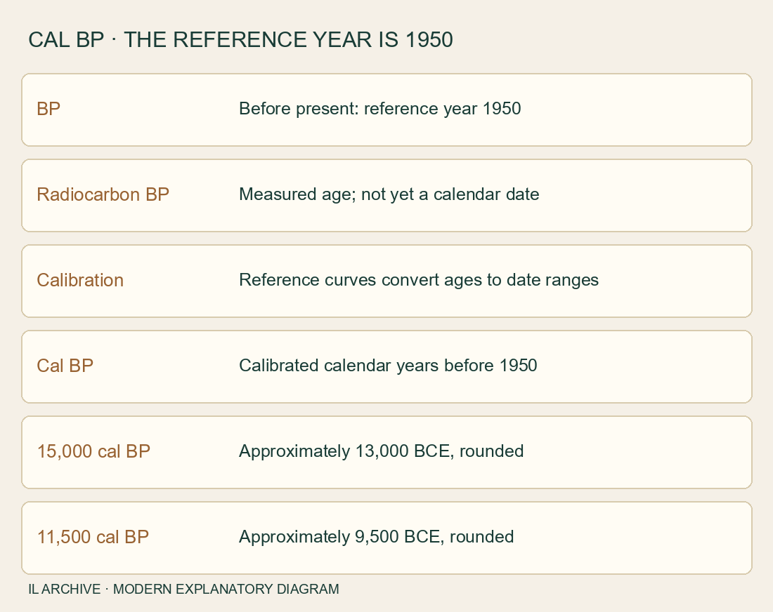 Schéma moderne : BP se réfère à 1950 ; cal BP est une date calendaire calibrée. Exemples arrondis. Une date radiocarbone brute exige une calibration