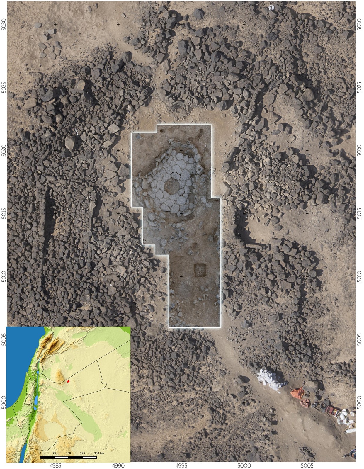 Aerial view of Shubayqa 1, northeast Jordan, Figure 1 in Richter et al. (2017), with a location map. Natufian architecture; no specific religious function is established