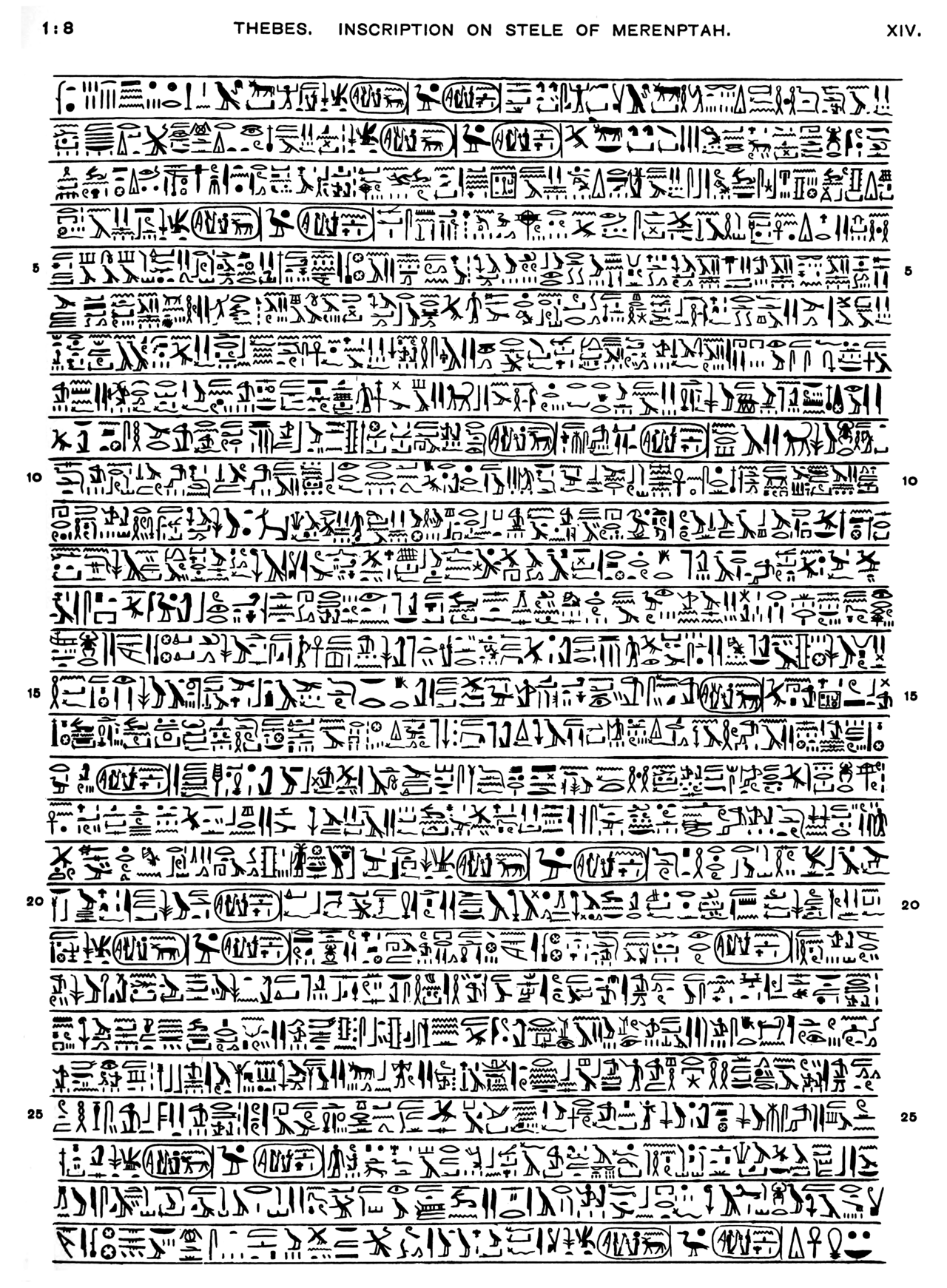 Plate of the Merneptah inscription published by Petrie in 1897: a historical drawing in mirrored orientation. This witness contains the name Israel; the image depicts neither the community nor its beliefs