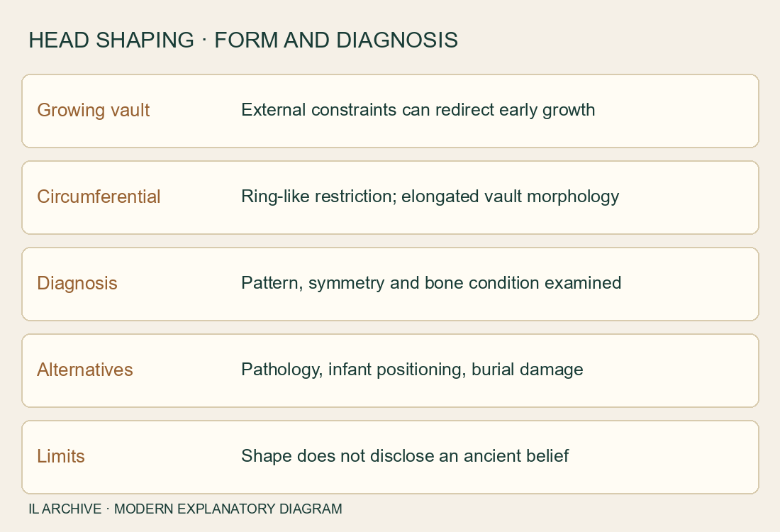 Modern guide to vault growth, morphology and diagnostic limits. It gives no procedure for head shaping, represents no archaeological skull and reconstructs no site-specific equipment