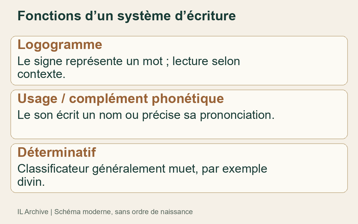 Schéma moderne : logogramme, usage phonétique, déterminatif. Fonctions combinables, sans signes antiques ni étapes universelles fixes