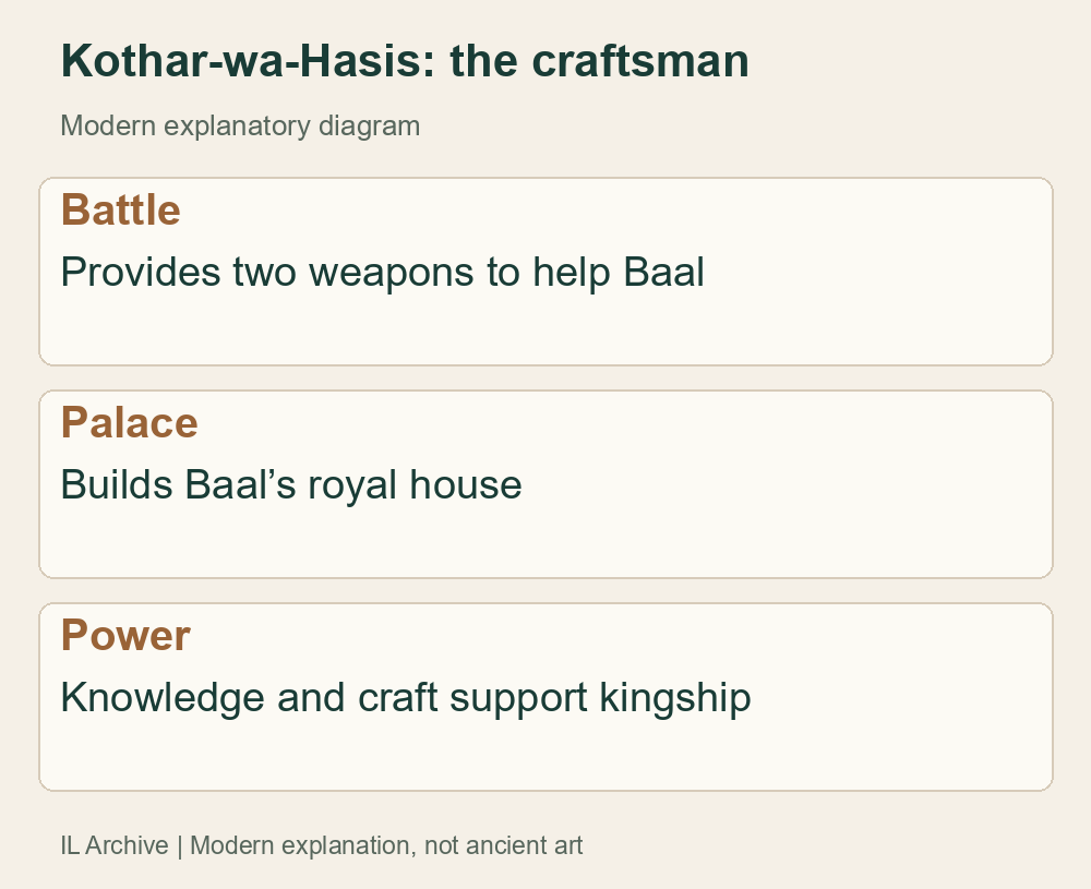 Modern explanation of the craftsman’s battle and building roles; no reconstruction of the weapons or palace