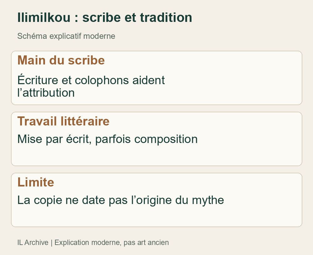 Schéma moderne distinguant le travail du scribe de l’origine des traditions ; aucun portrait ni invention de tous les mythes affirmée