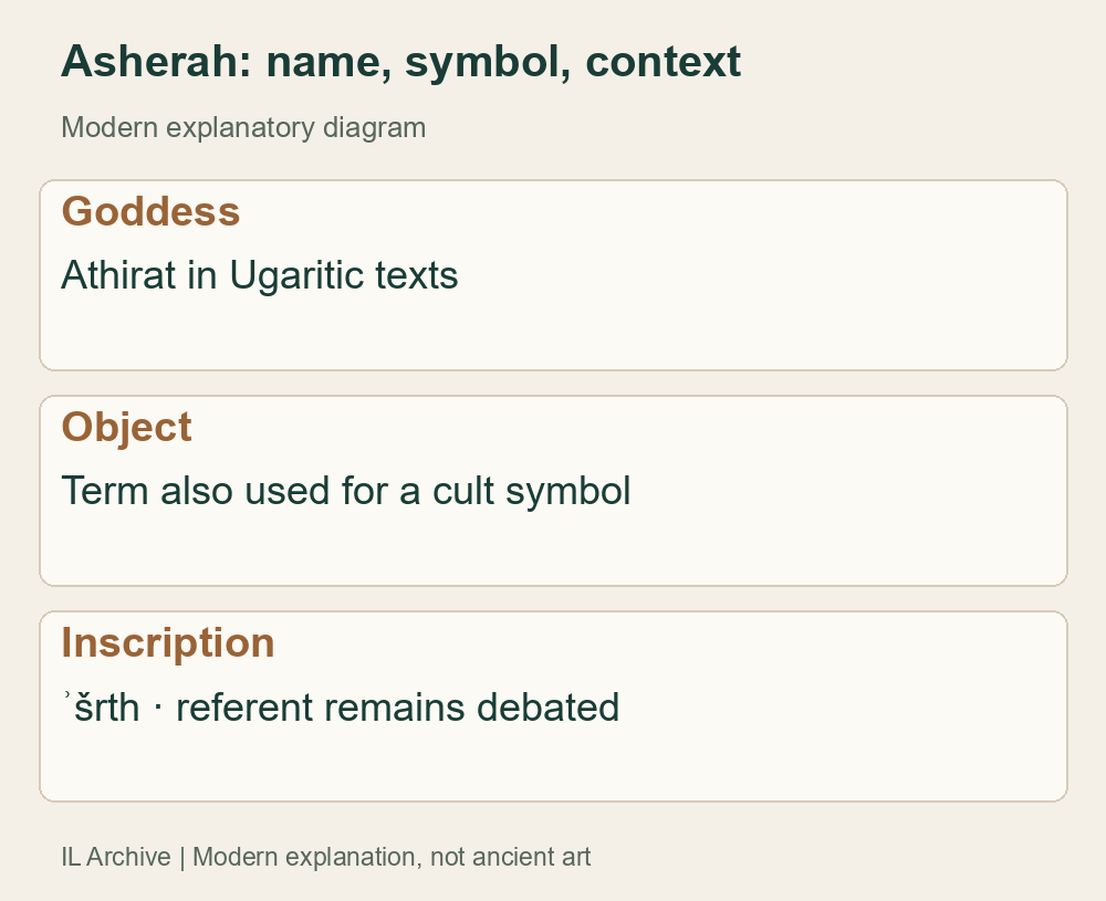 Modern distinction between goddess, ritual term and inscription reading. No invented excavated wooden pole; symbol and goddess not always mutually exclusive