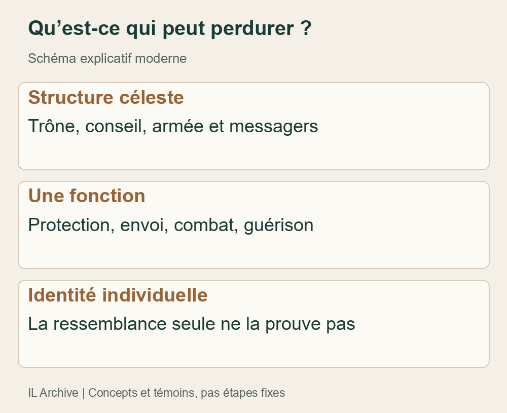 Schéma analytique moderne distinguant structure, fonction et identité. Questions comparatives, pas chaîne archéologique prouvant qu’un dieu est devenu ange