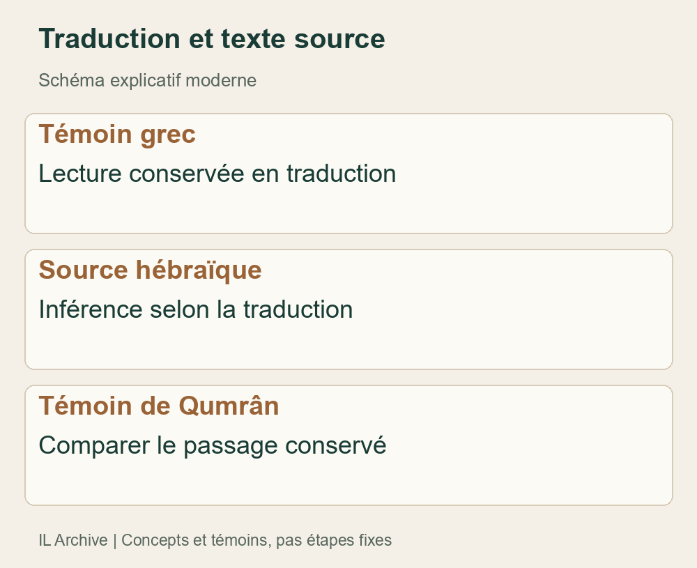 Schéma moderne distinguant texte conservé et source hébraïque inférée. Accord en Jérémie ≠ rouleau entier identique à toutes les lectures grecques