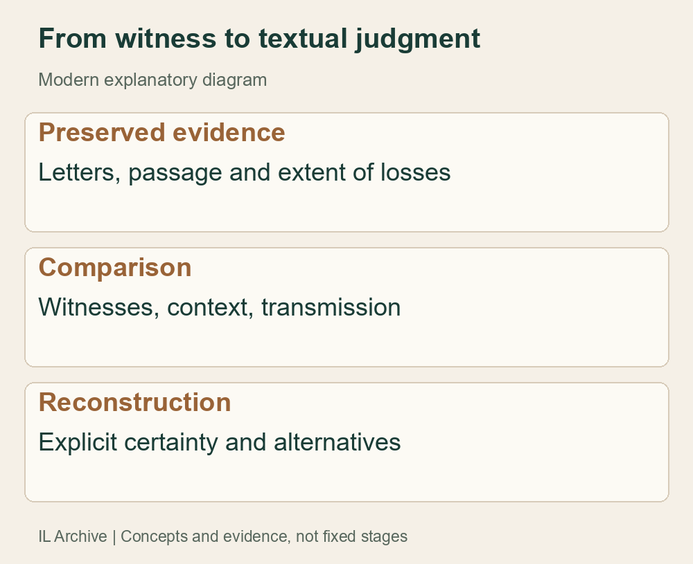 Modern textual-criticism method, not a proven historical genealogy. An inferred reading is not material evidence; copy age alone does not determine the best reading