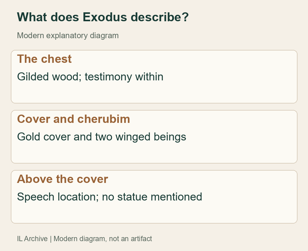 Modern diagram of Exodus 25:10–22, not an original artifact or cherub anatomy. No mentioned statue is a textual observation, not an excavated empty space