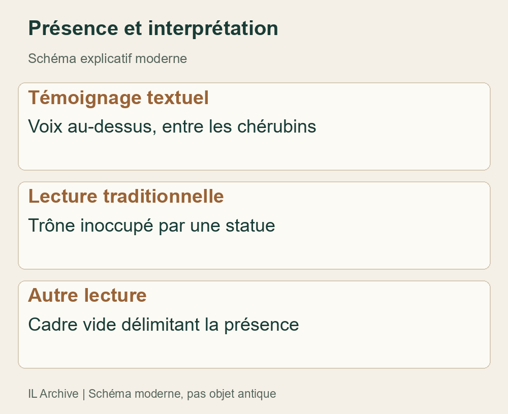 Comparaison moderne du texte et de deux lectures : trône et cadre d’Eichler. Pas apparence de l’arche ni image de Yahvé, ni consensus ou succession prouvée