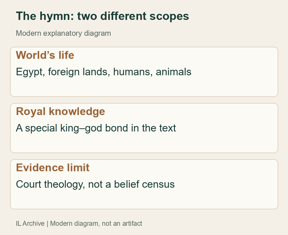 Modern diagram distinguishing universal life in the hymn from the king’s particular knowledge. Not an inscription facsimile, an Aten portrait or proof of every Egyptian’s creed
